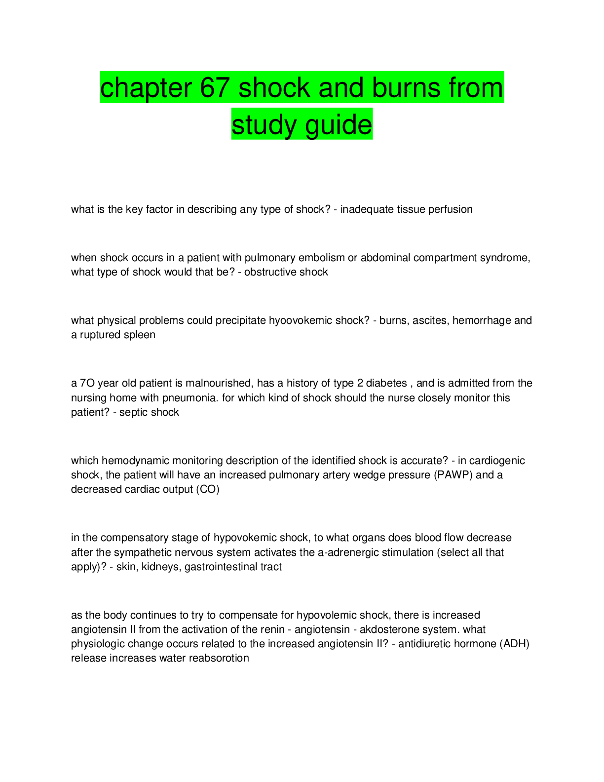 Preview image for chapter 67 shock and burns from  study guide